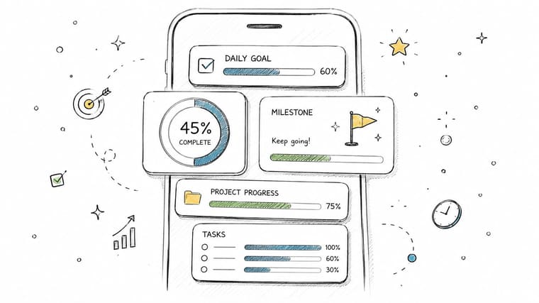 A hand-drawn illustration on a smartphone screen showing progress bars for daily goals, project milestones, and tasks.