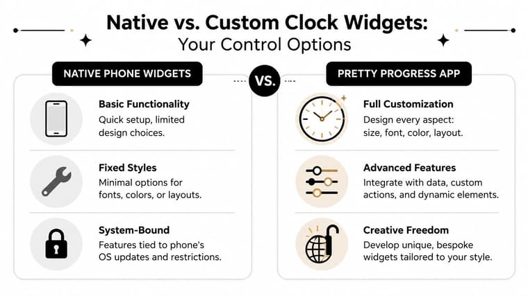 A comparison chart showing the differences between basic native phone widgets and custom Pretty Progress widgets.