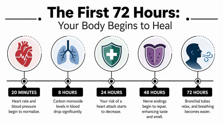 A timeline graphic showing the physical health benefits to the body within the first 72 hours of quitting smoking.