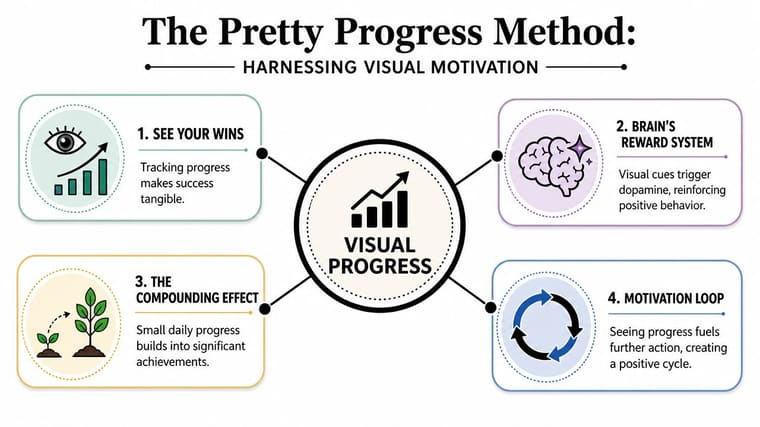 A diagram explaining the Pretty Progress Method, showing how visual tracking fuels motivation and habit building.