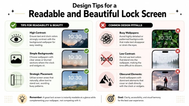 An infographic showing tips for readability and common pitfalls when designing a beautiful smartphone lock screen.