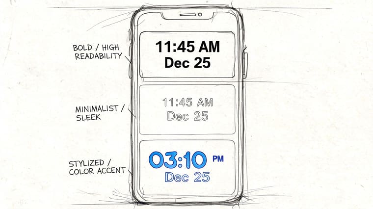A pencil sketch of a smartphone screen showing three different design variations for displaying time and date.