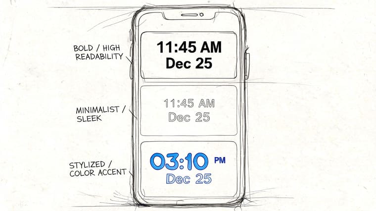 A pencil sketch of a smartphone screen showing three different design variations for displaying time and date.