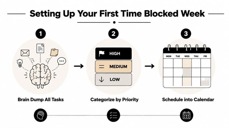 A three-step infographic showing how to organize a weekly schedule by brain dumping tasks, prioritizing them, and calendaring.