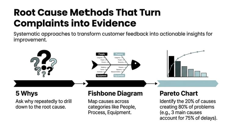 An infographic showing three root cause analysis methods: 5 Whys, Fishbone Diagram, and Pareto Chart.