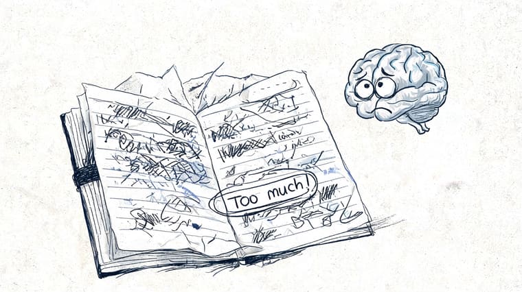 A hand-drawn sketch of a messy planner with the words Too much! written, alongside an overwhelmed brain.