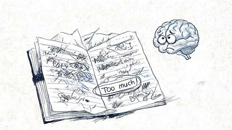 A hand-drawn sketch of a messy planner with the words Too much! written, alongside an overwhelmed brain.