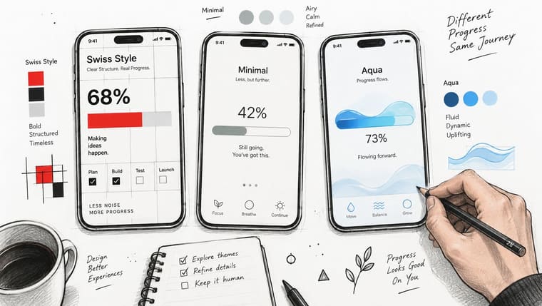 A hand drawing user interface designs for a habit tracker app on phones across three distinct styles.