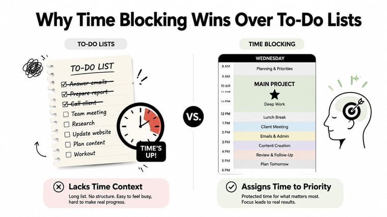 A comparison graphic showing why time blocking is more effective than traditional to-do lists for productivity.