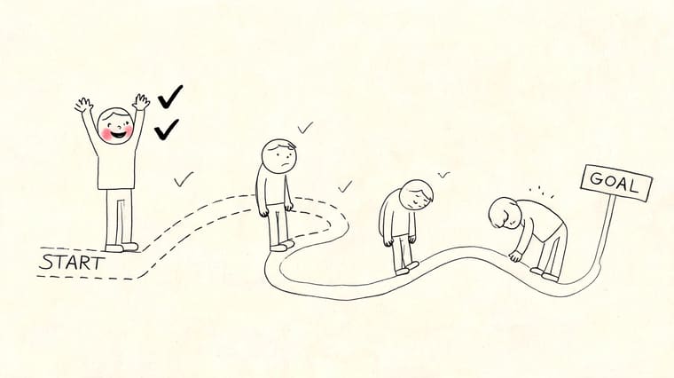 A hand-drawn illustration showing a person progressively getting tired while traveling from start to goal.