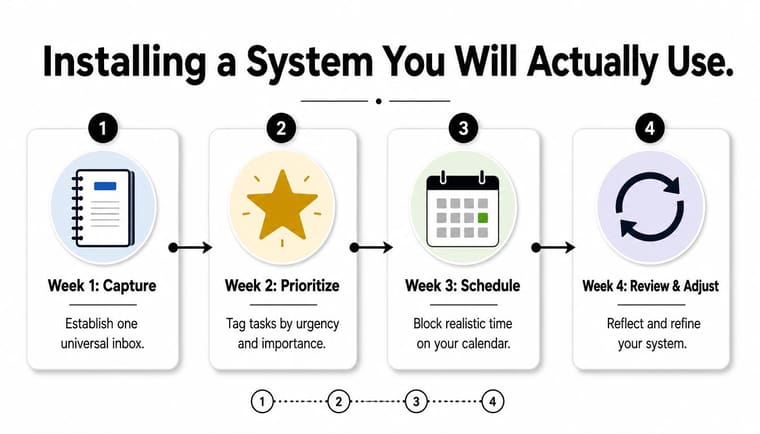 An infographic showing a four-week process for installing an effective personal workload management system.