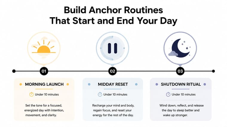 A diagram illustrating three daily routines: Morning Launch, Midday Reset, and Shutdown Ritual to manage your day.