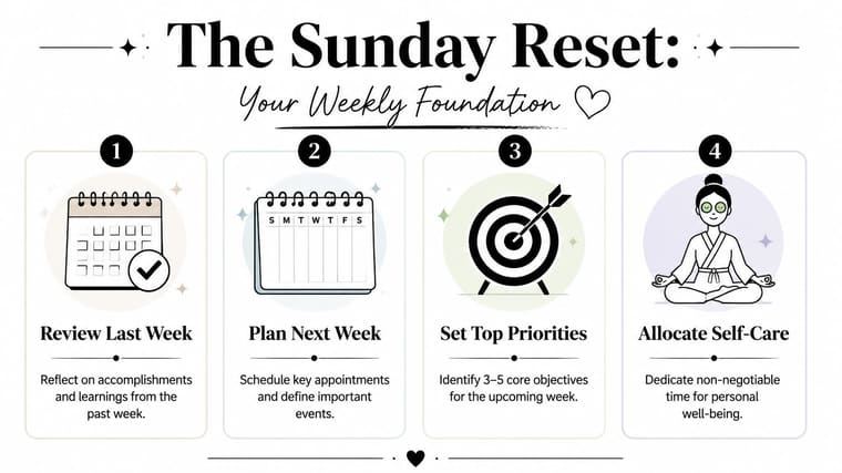 A Sunday Reset infographic displaying four steps to help structure and prepare for the upcoming week.