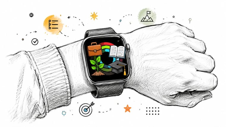 A hand wearing a smartwatch displaying icons representing career, education, and personal growth goals.