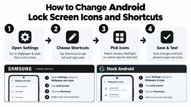 An infographic showing steps to customize lock screen icons and shortcuts on Samsung and stock Android devices.