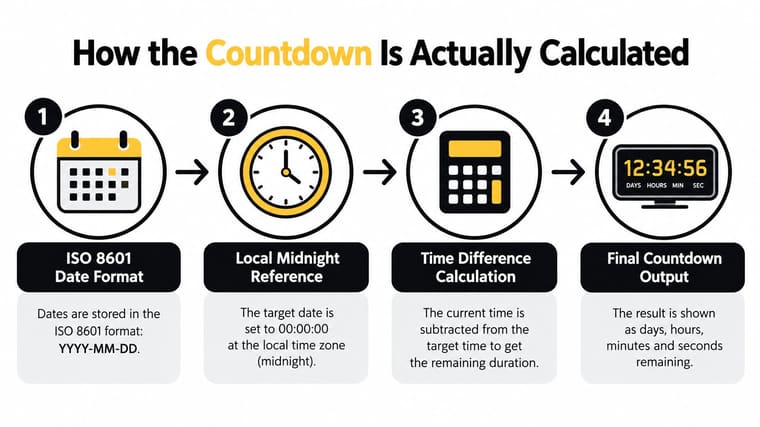 A diagram explaining the four-step calculation process for an online countdown timer clock.