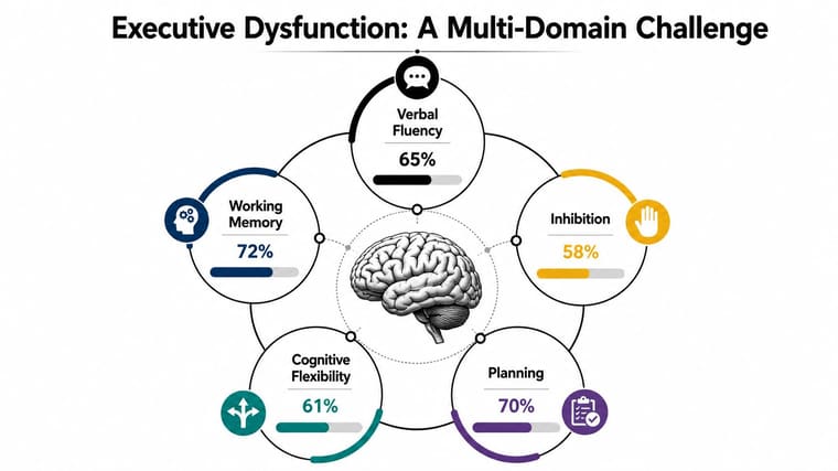 A diagram illustrating executive dysfunction across five domains including memory, fluency, inhibition, planning, and cognitive flexibility.