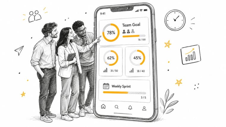 A diverse team of professionals looking at a smartphone displaying goal tracking and performance analytics data.