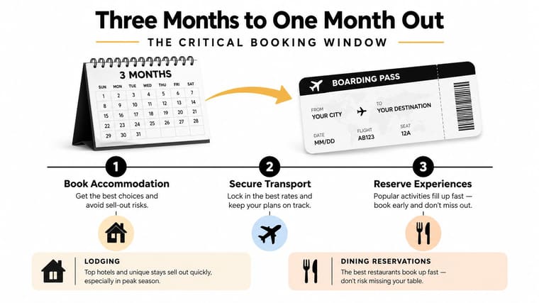 A travel planning infographic showing a three-month to one-month critical booking window for trips.