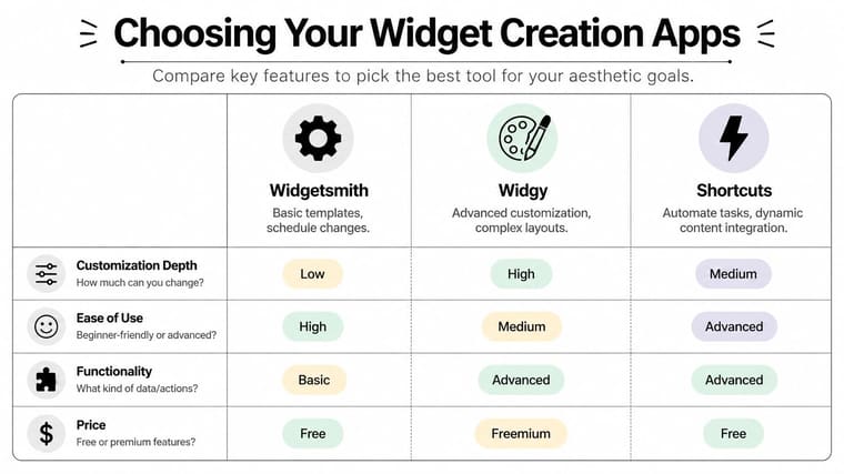 A comparison chart showing features, ease of use, functionality, and pricing for Widgetsmith, Widgy, and Shortcuts apps.