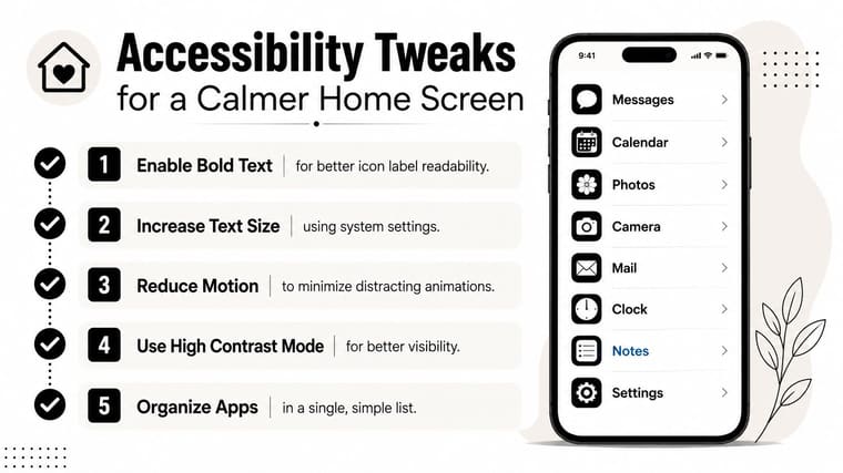 A graphic showing five accessibility tweaks for a calmer phone home screen with a list-based interface.