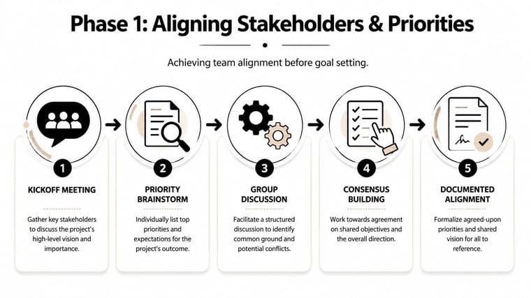 A five-step process infographic titled Phase 1: Aligning Stakeholders and Priorities for team goal setting.