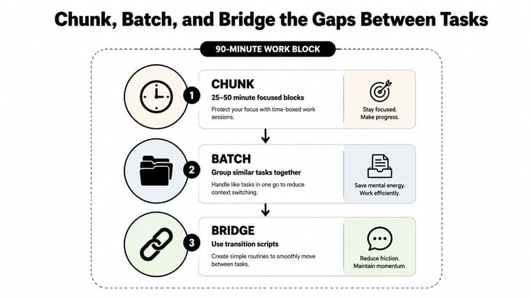 A diagram outlining productivity methods for time management, featuring chunking, batching tasks, and bridging transitions between work.