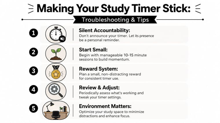 A list of five tips to help make study timer habits stick, including silent reminders and environment optimization.