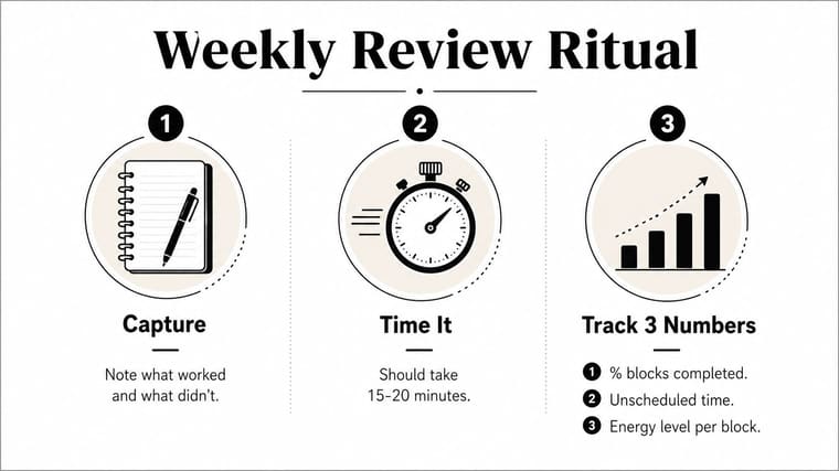 A weekly review ritual infographic featuring three steps for productivity: capture, time it, and track numbers.