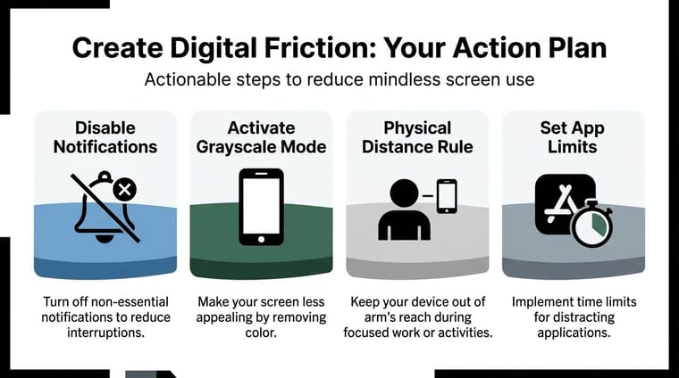 An infographic titled Create Digital Friction outlining four actionable strategies to reduce mindless screen device usage.