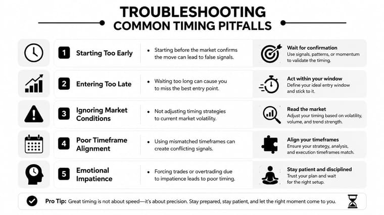 An infographic titled Troubleshooting Common Timing Pitfalls listing five trading mistakes and their corresponding solutions.