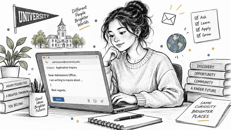 A student girl sitting at a desk with a laptop drafting a university admission inquiry email message.