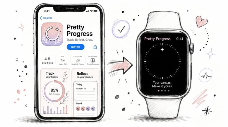 A hand-drawn illustration showing the Pretty Progress app on an iPhone and an Apple Watch interface.