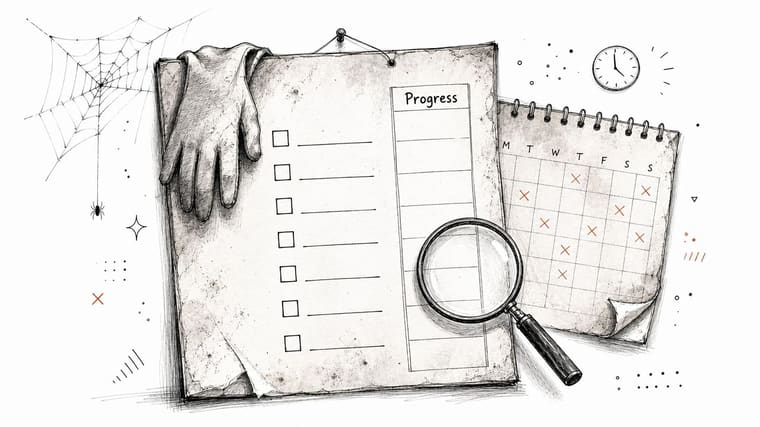 A conceptual sketch showing a checklist with a glove, a calendar with marked dates, and a magnifying glass.