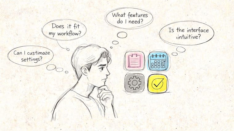 A contemplative young man thinking about productivity app features like workflow, settings, and intuitive interface design.