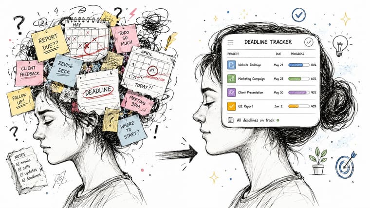 A split image showing a stressed person with messy thoughts transitioning to a calm, organized project tracker.