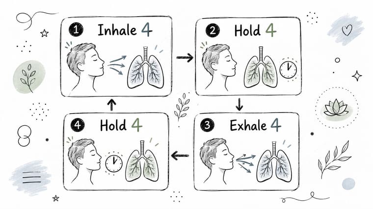 A diagram illustrating the four-step box breathing technique for stress relief with numbered instructions and illustrations.
