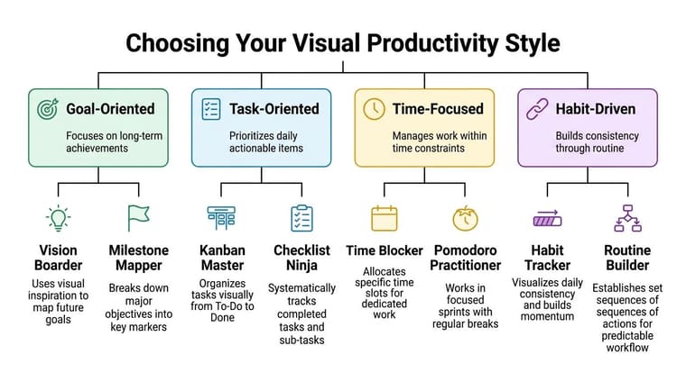 A productivity style infographic showing four methods for managing tasks, goals, time, and habits effectively.