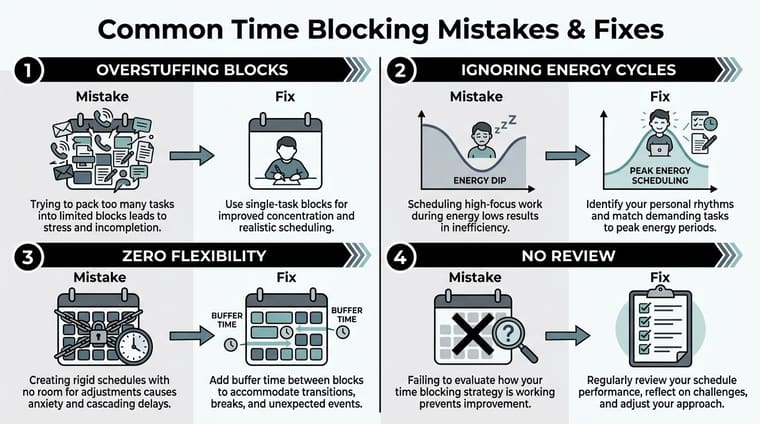 An infographic showing four common time blocking mistakes and their corresponding practical fixes for productivity.