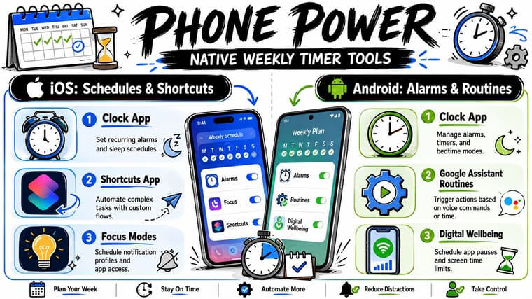 An infographic comparing native weekly timer tools and scheduling features for iOS and Android mobile phones.