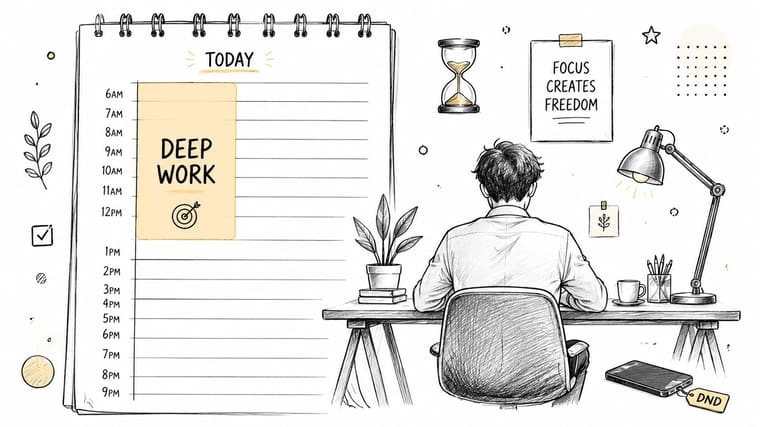 A pencil sketch of a person working at a desk with a daily planner and calendar.