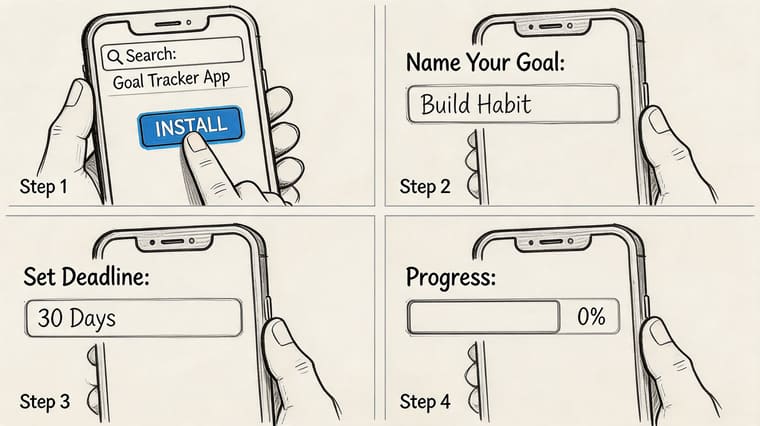 A four-step illustration showing a user installing and setting up a goal tracker app on smartphone.