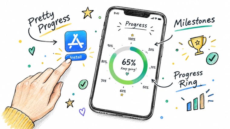 A hand touches an app store install button next to a smartphone screen displaying a circular progress ring.