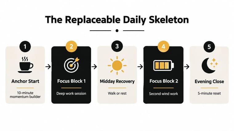 A five-step daily routine infographic showing a structured plan for improved focus and productivity throughout the day.