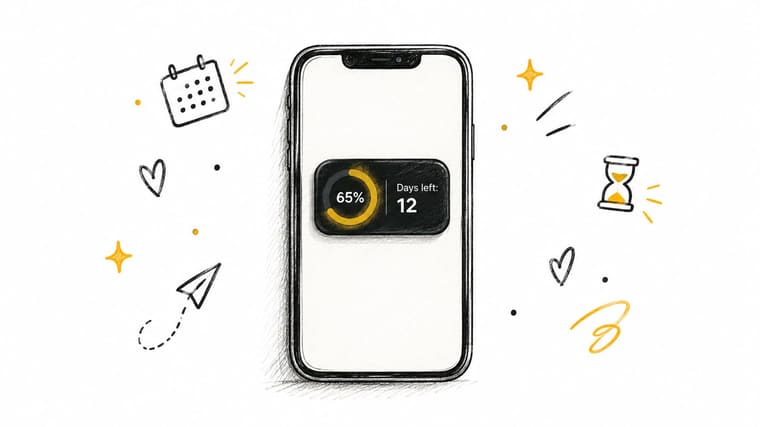 A sketched smartphone displays a home screen widget showing 65 percent progress and 12 days left.