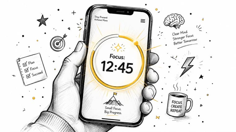 A hand holding a smartphone displaying a focus time tracker app with a stylized, motivational doodle theme.