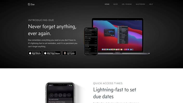 The homepage of the Due Reminders and Timers app, showing its main features on a Mac and iPhone.