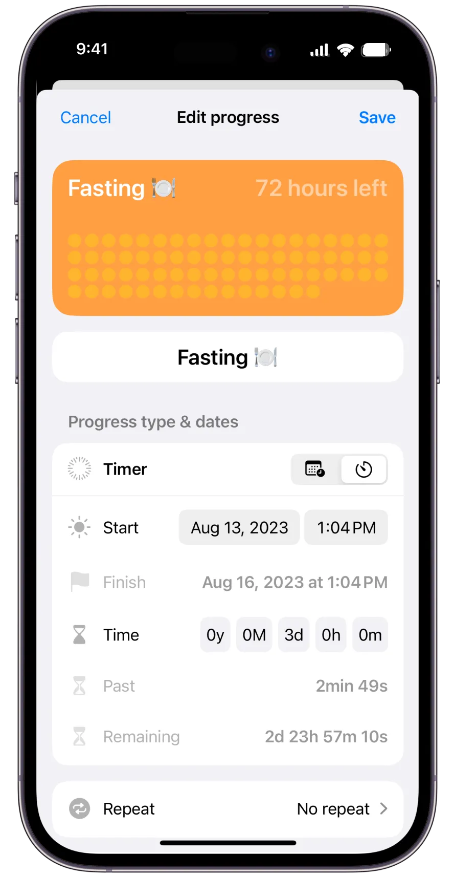 A detail of Pretty Progress app while creating a fasting countdown widget