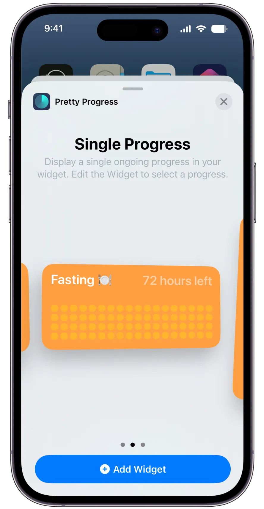 A detail of Pretty Progress app adding a widget to an iPhone Home Screen