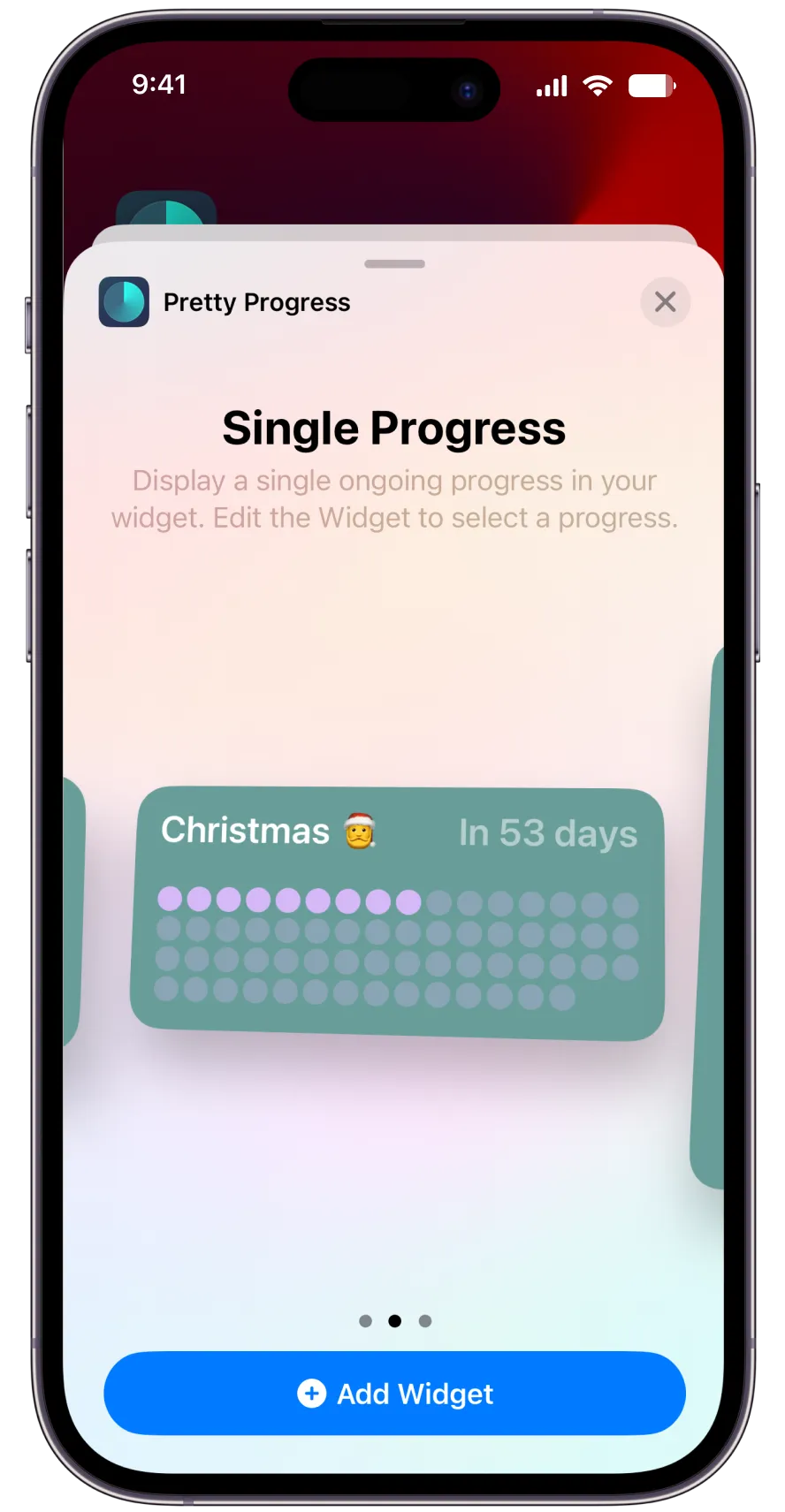 A detail of Pretty Progress app adding a widget to an iPhone Home Screen